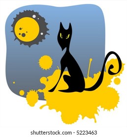 The black stylized cat on a background of the night sky, the moon and yellow grunge spots.