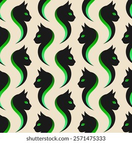 Black stylized cats with green eyes on beige background. Vector seamless pattern. 