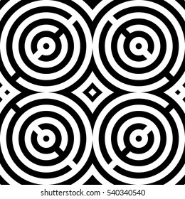 Black stylized circles on white background. Seamless circular surface pattern design. Symmetric geometric repeating rounds abstract. Rings wallpaper. Digital paper. Interior decorative board. Vector