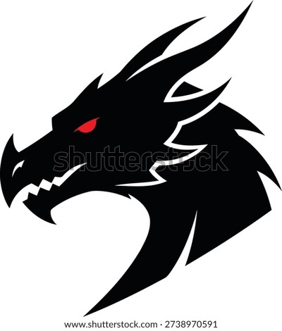 A black stylized dragon head in profile view against a white background. The dragon has sharp angular features, pointed horns, and a menacing expression with a single piercing red eye.