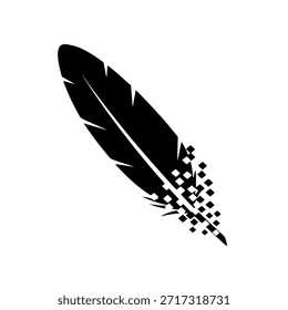Es wird eine schwarze stilisierte Feder gezeigt, deren unterer Teil sich in einem Muster aus kleinen quadratischen Pixeln auf weißem Hintergrund auflöst. Dieses Design verbindet natürliche Elemente mit digitalem Zerfall.