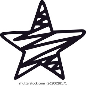 Black, stylized, five pointed star featuring dynamic, hand drawn lines and patterns, isolated on a white background, offers a simple yet impactful visual element