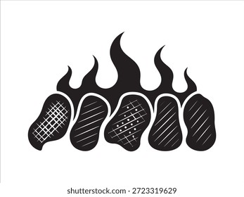 Llamas negras estilizadas sobre filetes de carne a la parrilla barbacoa