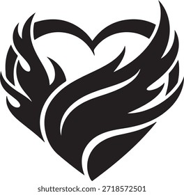 Black stylized heart shape with abstract wing or flame on white background love wings flames
