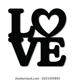 As letras ESTILIZADAS DE AMOR preto com uma forma de coração incorporada no design apresentam um efeito de sombra de gota cinza sutil contra um fundo branco.