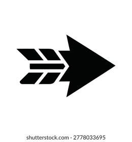 Black stylized rightward pointing archery arrow icon with fletching, direction