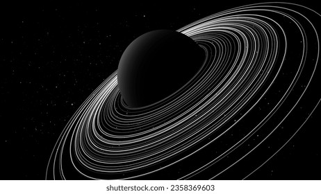 Black Stylized Saturn Planet with Rings. Black Hole Background. Universe and Starry Concept. Gravity Circles. Minimal Art Style Vector Space Illustration.