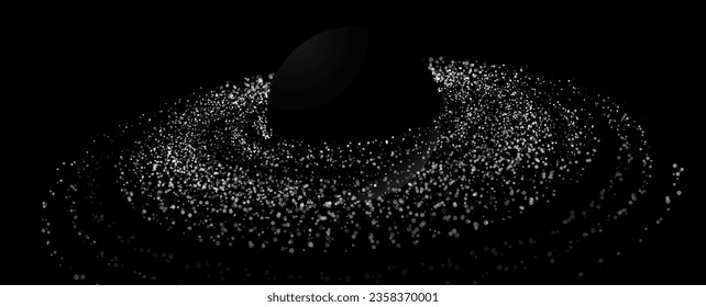 Black Stylized Saturn Planet with Rings. Black Hole Background. Universe and Starry Concept. Gravity Circles. Minimal Art Style Vector Space Illustration.