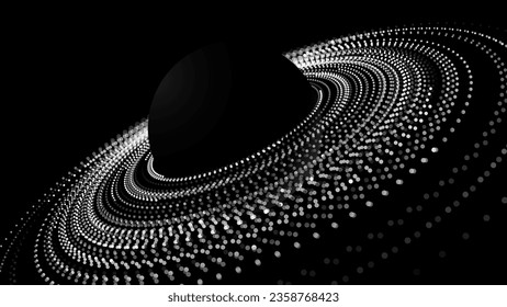 Black Stylized Saturn Planet with Rings. Black Hole Background. Universe and Starry Concept. Gravity Circles. Minimal Art Style Vector Space Illustration.