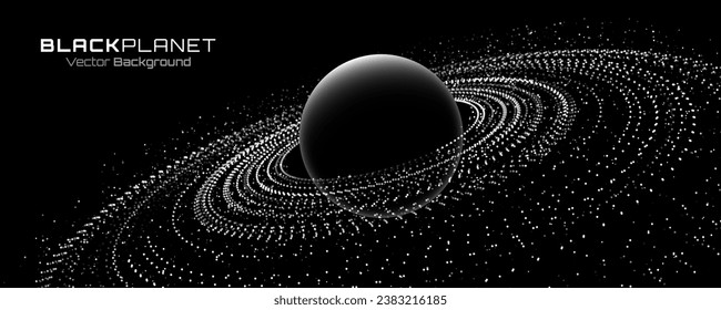 Black Stylized Saturn Planet with Rings. Black Hole Background. Universe and Starry Concept. Gravity Circles. Minimal Art Style Vector Space Illustration.