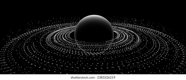 Black Stylized Saturn Planet with Rings. Black Hole Background. Universe and Starry Concept. Gravity Circles. Minimal Art Style Vector Space Illustration.