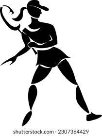 Black stylized silhouette of a female tennis player with a racket in her hands..
