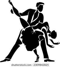 Silueta de estilo negro. El tipo y la chica están bailando un baile en el salón de baile. logotipo.