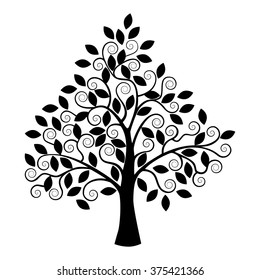 Black stylized tree silhouette on a white background.