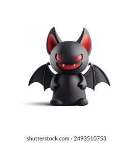 Black stylized vampire bat, 3D. Red eyes. Scary, stylish, cute bat, children's toy. Element for advertising. Vector