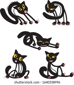 Black stylized  vector cat in funny poses isolated on white background