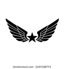 Black stylized wings and a central star shape on a white background vector graphic. The style is simple and bold.