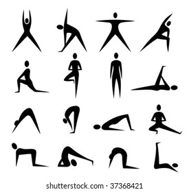 Black stylized yoga people silhouettes isolated on a white background.