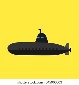 Black submarine icon on yellow background. Flat style