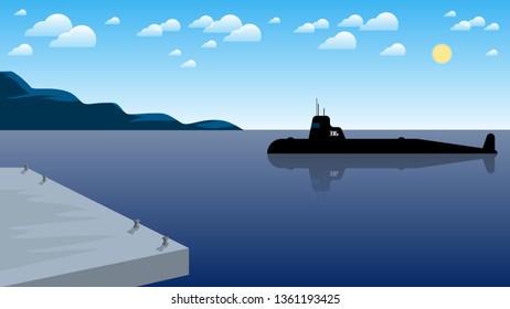 black submarine with the number on the wheelhouse, after a hike, went into the bay and goes to the pier. seascape. vector