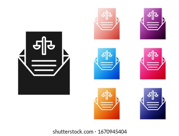 Black Subpoena icon isolated on white background. The arrest warrant, police report, subpoena. Justice concept. Set icons colorful. Vector Illustration