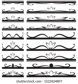 black subtle shapes and figures of lines and curls ornaments for booklets Roofs and covers with flowers on a white background