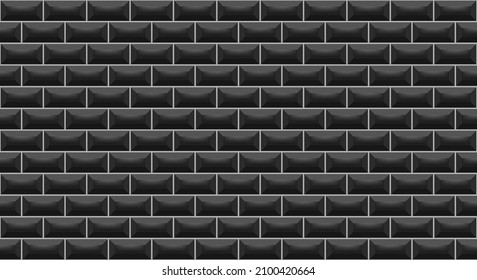 Black subway tile, glossy ceramic modern tile for bathroom or kitchen interior design, wall background. Rectangle blocks. Seamless pattern. Vector illustration
