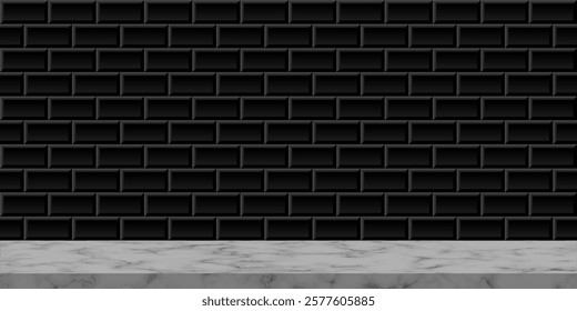 Black subway tile with marble shelf. Metro brick horizontal pattern with pedestal. Bathroom, kitchen or pool interior for product display. Interior design element. Realistic 3d vector background.