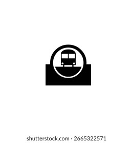 Icono negro del tren del metro que entra en el túnel, silueta plana del Vector de la vista frontal, aislada en el fondo blanco