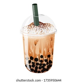 Black Sugar Bubble Milk Tea with Cream Cheese, Clear Lid Dome, Vector Illustration.