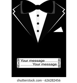 Black suit with bow tie on postcard. Postcard tuxedo. Also suitable for invitation card, business card. Vector illustration.