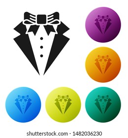 Black Suit icon isolated on white background. Tuxedo. Wedding suits with necktie. Set icons colorful circle buttons. Vector Illustration