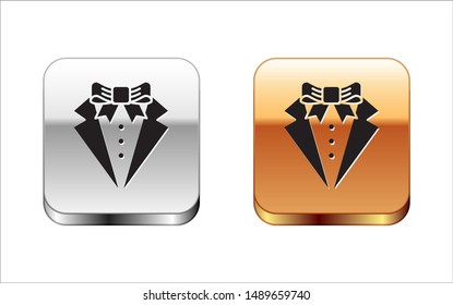 Black Suit icon isolated on white background. Tuxedo. Wedding suits with necktie. Silver-gold square button. Vector Illustration