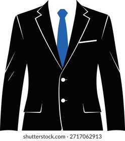 Chaqueta negra del traje con la corbata azul, Ilustración vectorial, diseño formal de la moda de los hombres, Plantilla del traje del negocio, dibujo masculino elegante moderno de la ropa