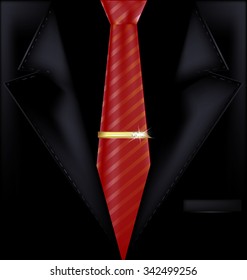 black suit and red tie