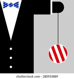 black suit with the symbols of USA flag - blue bow tie with white stars and yo yo with red and white stripes