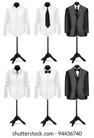 Black suit and white shirt with butterfly on mannequins. Vector illustration.