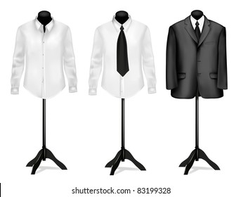 Black suit and white shirt on mannequins. Vector illustration.