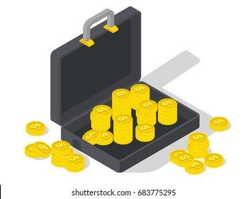 Black suitcase with cold coin heaps inside isometric flat vector illustration isolated on white background