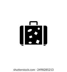 Black suitcase icon, adorned with travel-themed stickers. Perfect for representing travel and adventure.