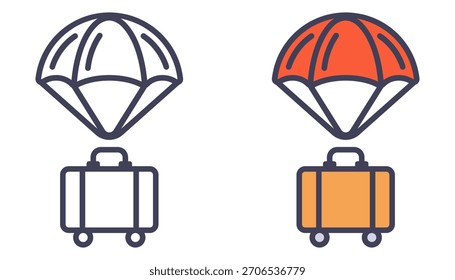 Black suitcase icon flying on a parachute. Flat illustration.