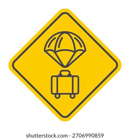 Black suitcase icon flying on a parachute. Flat illustration.
