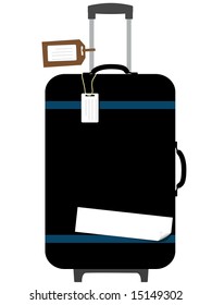 A black suitcase with pull handle up, and copyspace on luggage tags and curl - peel sticker.