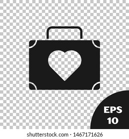 Black Suitcase for travel with heart icon isolated on transparent background. Honeymoon symbol. Traveling baggage sign. Travel luggage icon.  Vector Illustration