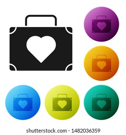Black Suitcase for travel with heart icon isolated on white background. Honeymoon symbol. Traveling baggage sign. Travel luggage icon. Set icons colorful circle buttons. Vector Illustration Black Suitcase for travel with heart icon isolated on white background. Honeymoon symbol. Traveling baggage sign. Travel luggage icon. Set icons colorful circle buttons. Vector Illustration
