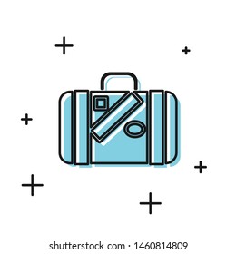 Black Suitcase for travel and stickers icon isolated on white background. Traveling baggage sign. Travel luggage icon.  Vector Illustration