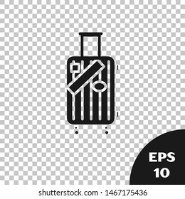 Black Suitcase for travel and stickers icon isolated on transparent background. Traveling baggage sign. Travel luggage icon.  Vector Illustration