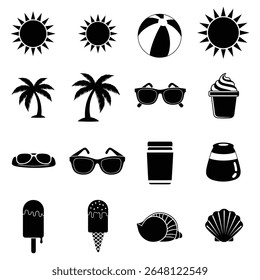 Black Summer and Beach Icons Set – Suns, Palm Trees, Sunglasses, Ice Cream, Seashells Vector Symbols