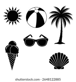 Black Summer and Beach Icons Set – Sun, Beach Ball, Palm Tree, Sunglasses, Ice Cream Cone, Seashell Silhouettes