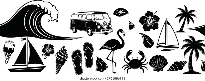Black summer beach silhouettes featuring ocean waves, tropical palm trees, camper van, flamingo, sailboat, hibiscus flowers, and sea life elements, cad drawing flat vector illustration.